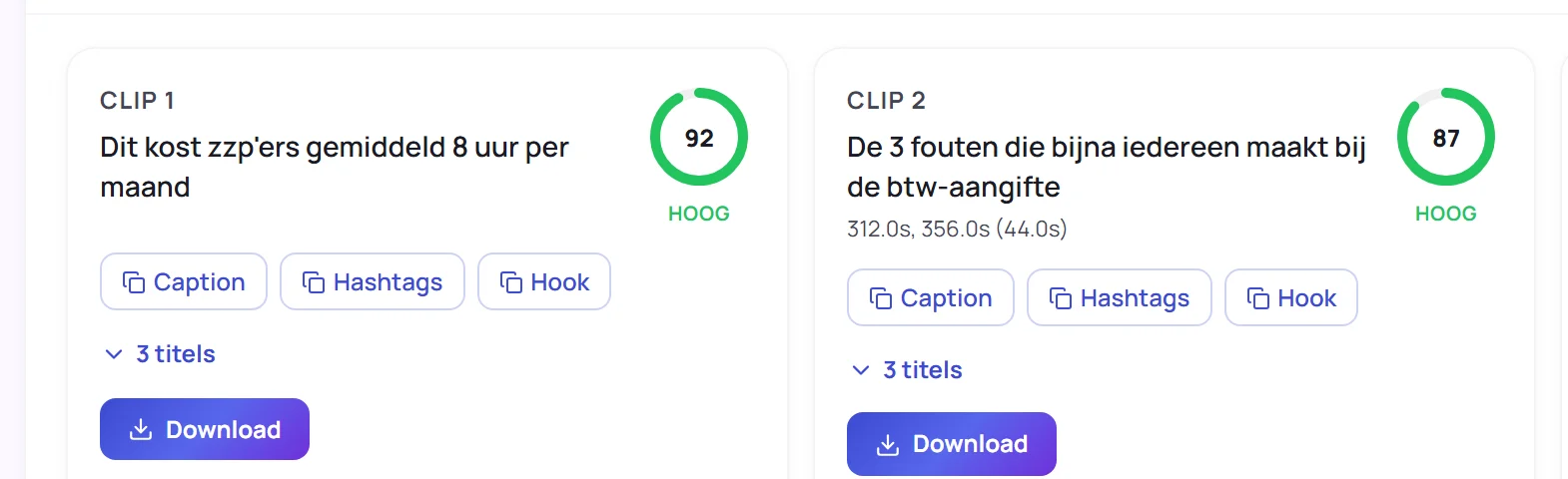 Clips met viraliteits-score in het dGENIX-dashboard