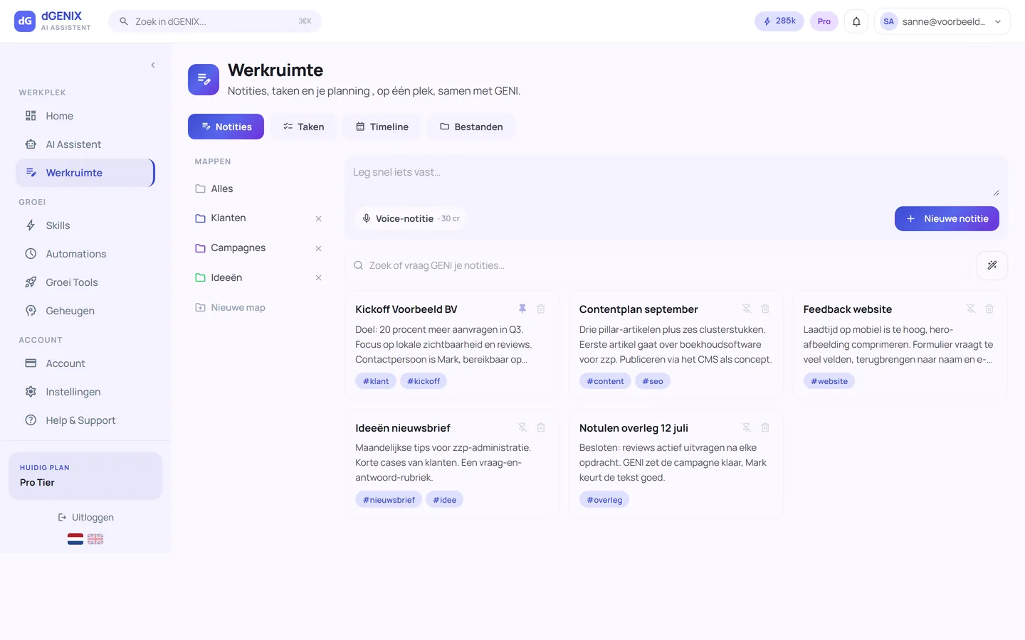 Werkruimte, dGENIX-dashboard