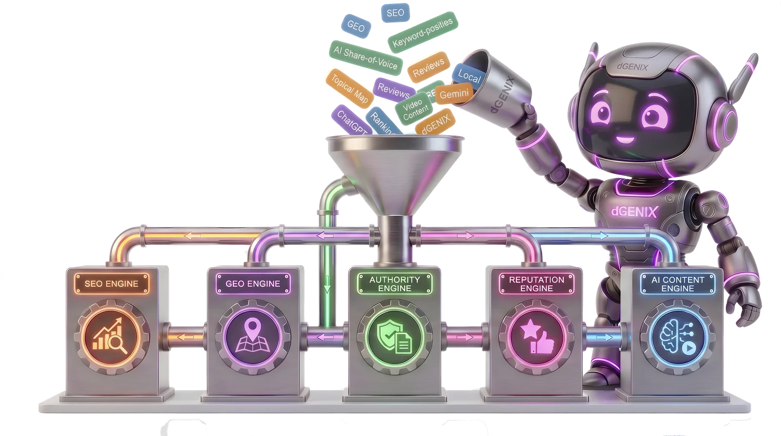 GENI voedt de 5 Growth Engines: SEO, GEO, Authority, Reputation en AI Content